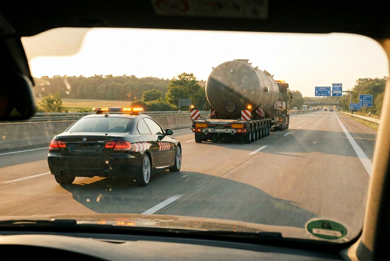 Nortex pilot car escorting a tanker on the highway at sunrise
